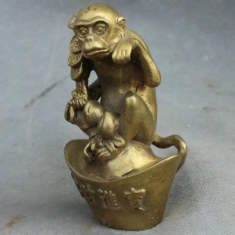 8.5cm Brass Wealth YuanBao Monkey Hold RuYi Statue Buddhism FengShui Decoration 07FC0E-D4 - KOEEK