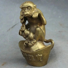 8.5cm Brass Wealth YuanBao Monkey Hold RuYi Statue Buddhism FengShui Decoration 07FC0E-D4 - KOEEK