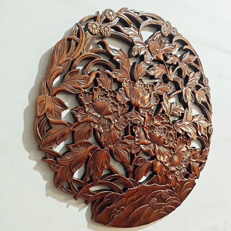 Round Peony Wood Carving Wall Hanging Camphor Wood Hollow 28cm Home Decor 07FC0E-D4 - KOEEK