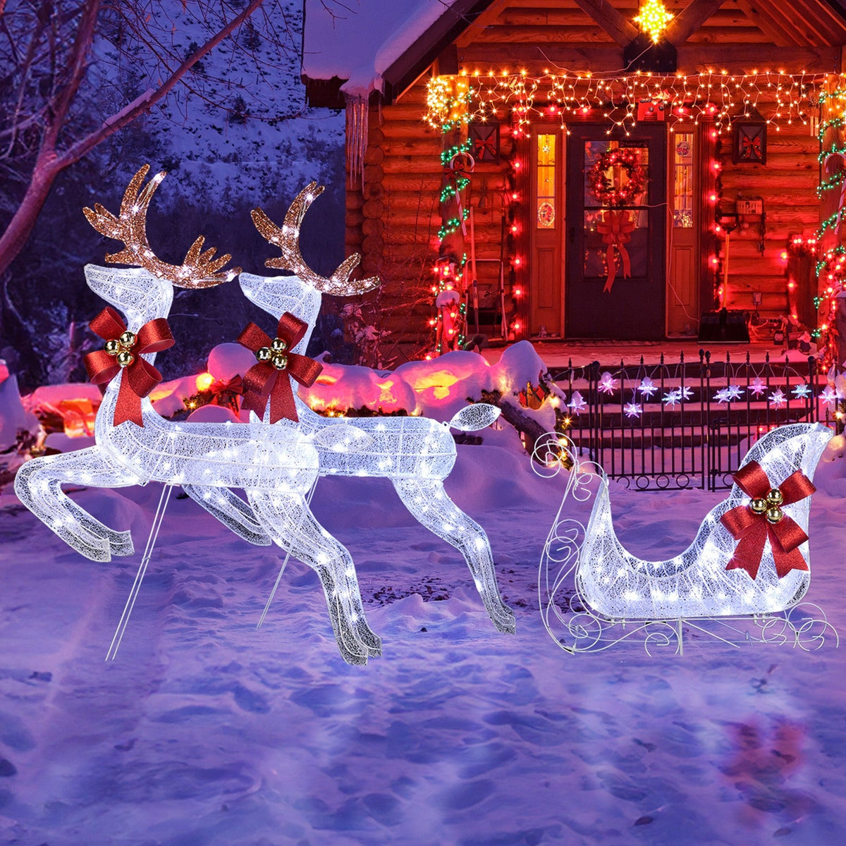Lighted Christmas Decorations Reindeer & Sleigh Deer Set for Indoor Home Outdoor 07FC0E-D4 - KOEEK