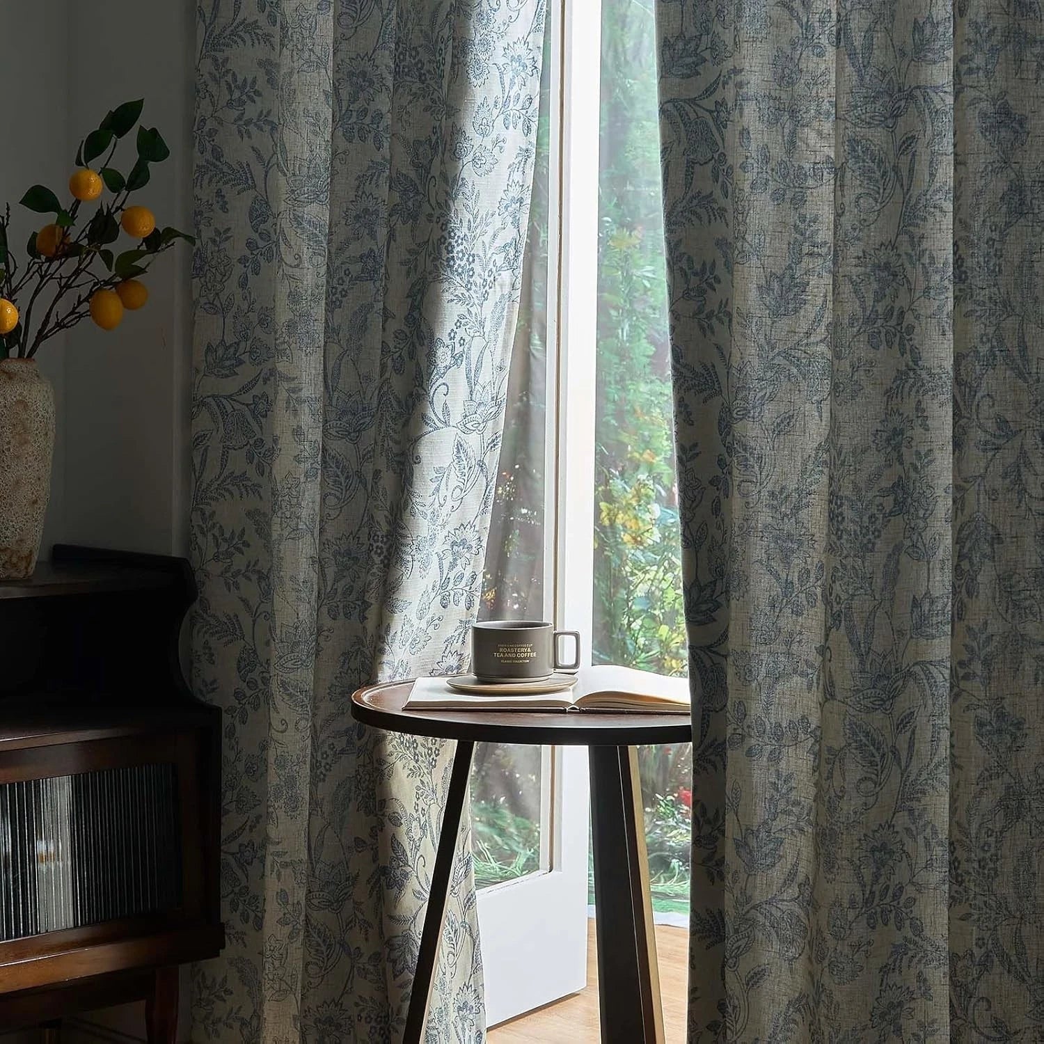 Blue floral lining curtains, rustic linen material, length 84 inches 07FC0E-D4 - KOEEK