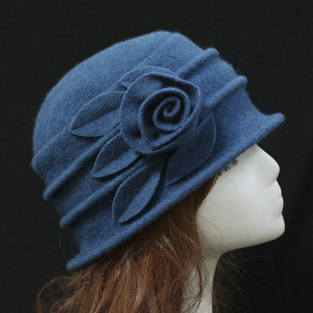 ny Dame Elegant Ull Blomster Hat Vinter Vintage Cloche Bøtte Cap