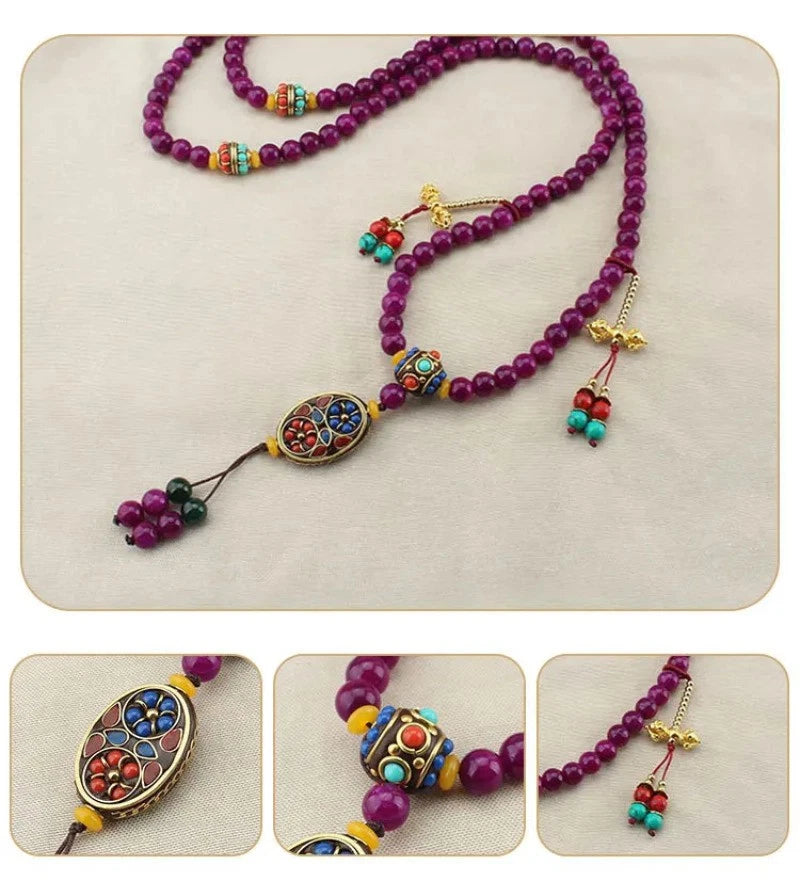 Exquisite Retro Nepal Luck Stone Long Necklace Tassel Crossbody Chain Bracelet 07FC0E-D4 - KOEEK