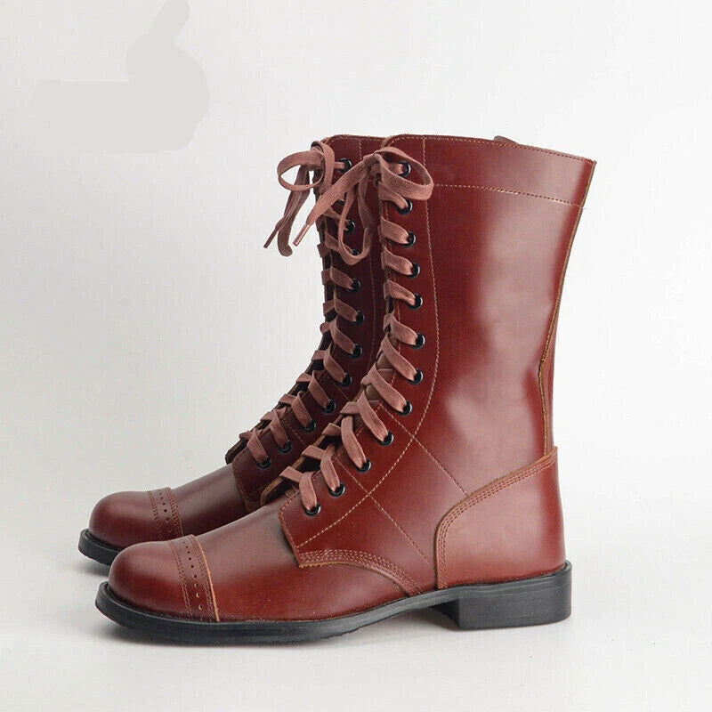 WW2 Army Paratrooper Medium Boots Mens Leather Jump Mid-tube Vintage Boots 07FC0E-D4 - KOEEK