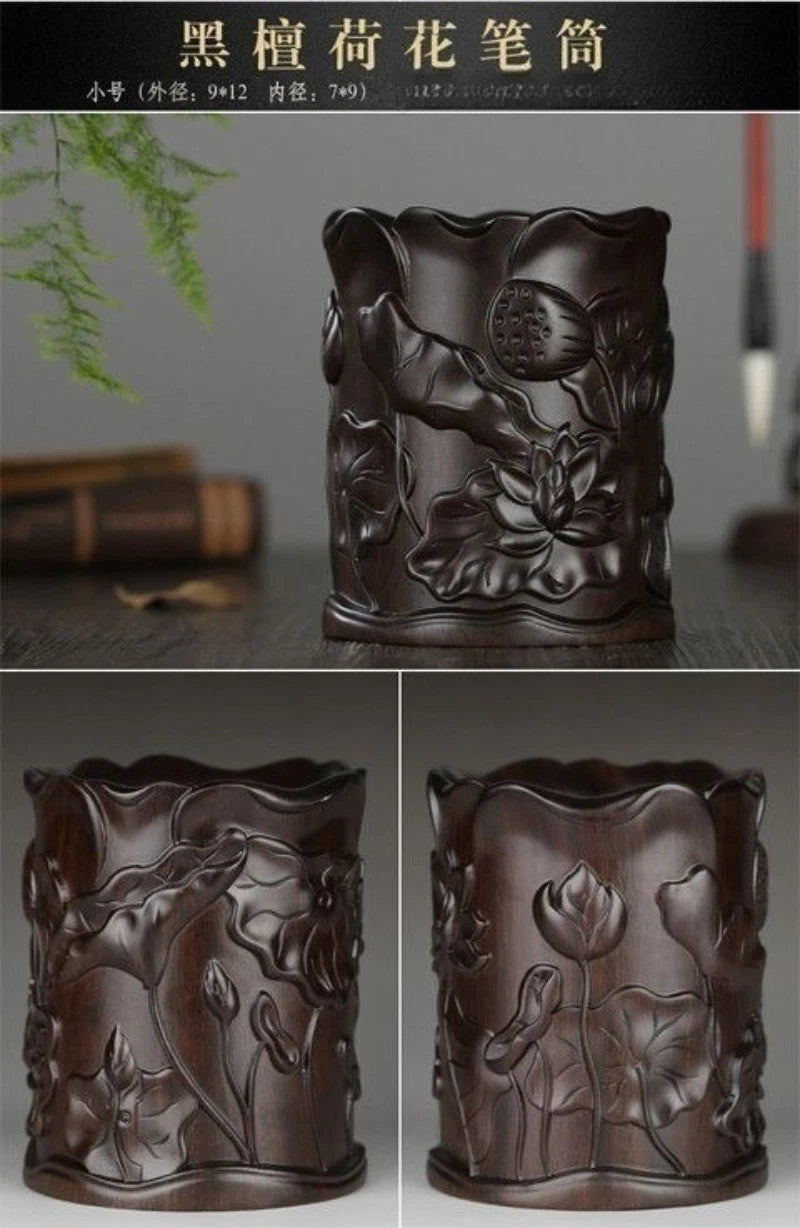 Ebony Wood Lotus Pen Holder Wooden Desk Organizer Carved Wood Craft 1pc 07FC0E-D4 - KOEEK