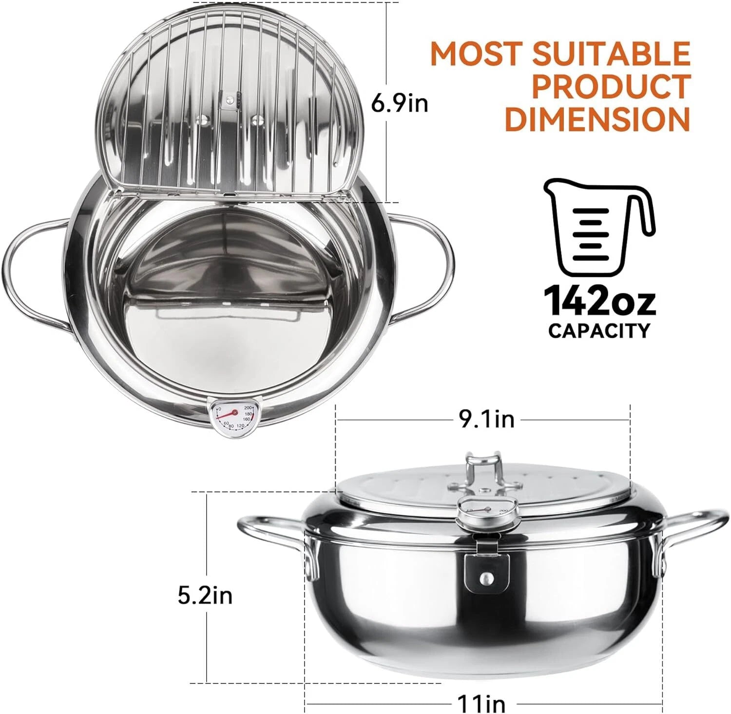 Deep Fryer, 11-inch/4.2 Liter Japanese Style Tempura Fryer, 304 Stainless Steel 07FC0E-D4 - KOEEK