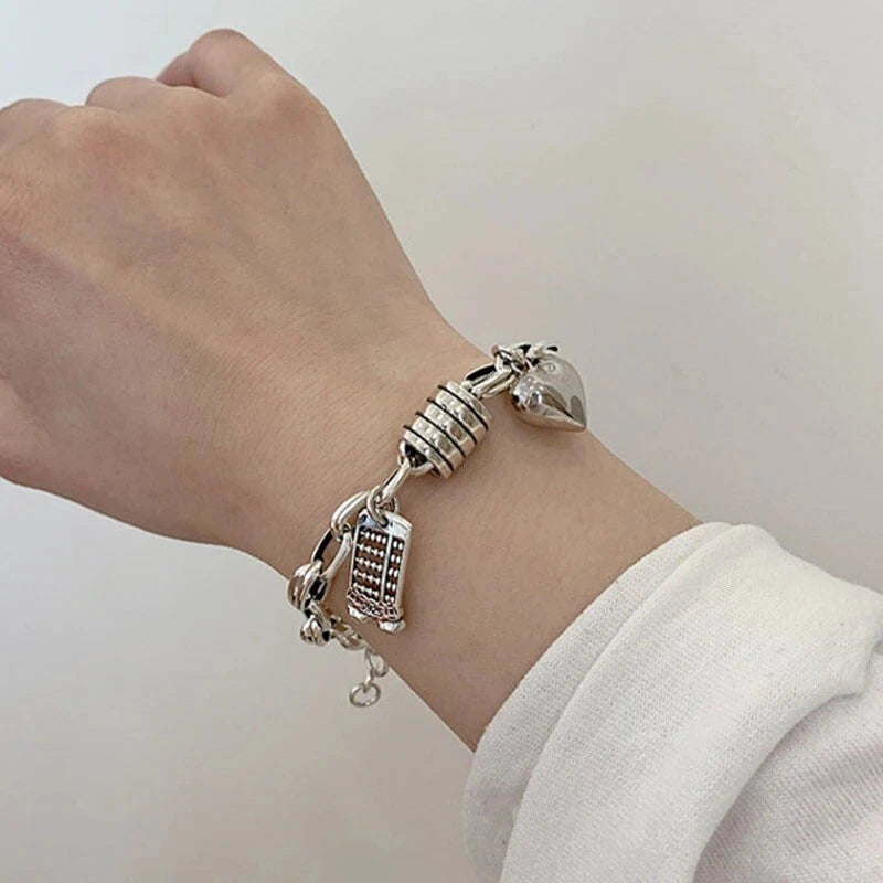 925 Sterling Silver Girls Thick Chain Bracelet Heart Tassel Bangle Woman Jewelry 07FC0E-D4 - KOEEK