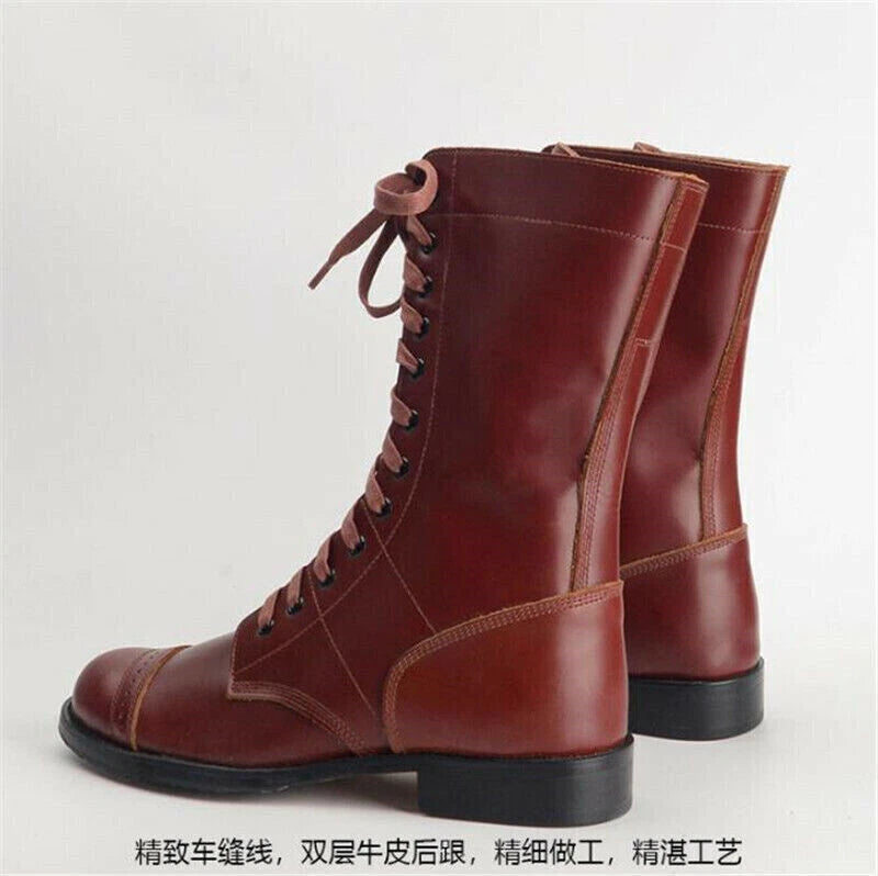 WW2 Army Paratrooper Medium Boots Mens Leather Jump Mid-tube Vintage Boots 07FC0E-D4 - KOEEK