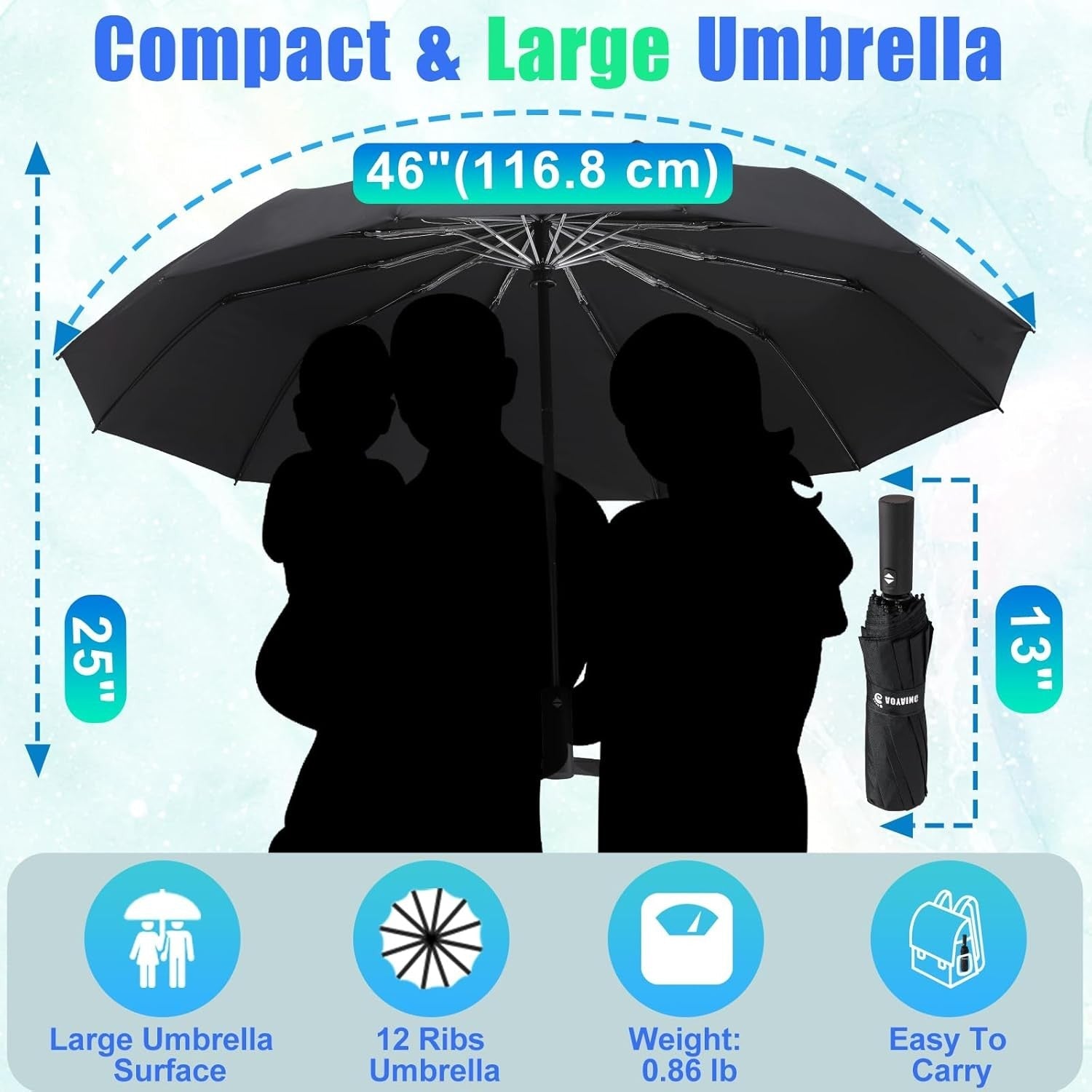 new GAOYAING 46 Inch Large Automatic Travel Umbrella, 12 Ribs Windproof Black GAOYAING - KOEEK