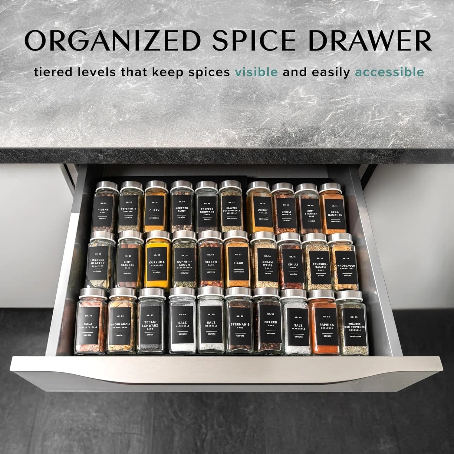 Spice Drawer Organizer - Expandable Spice Rack for Drawer, Black Seasoning 07FC0E-D4 - KOEEK