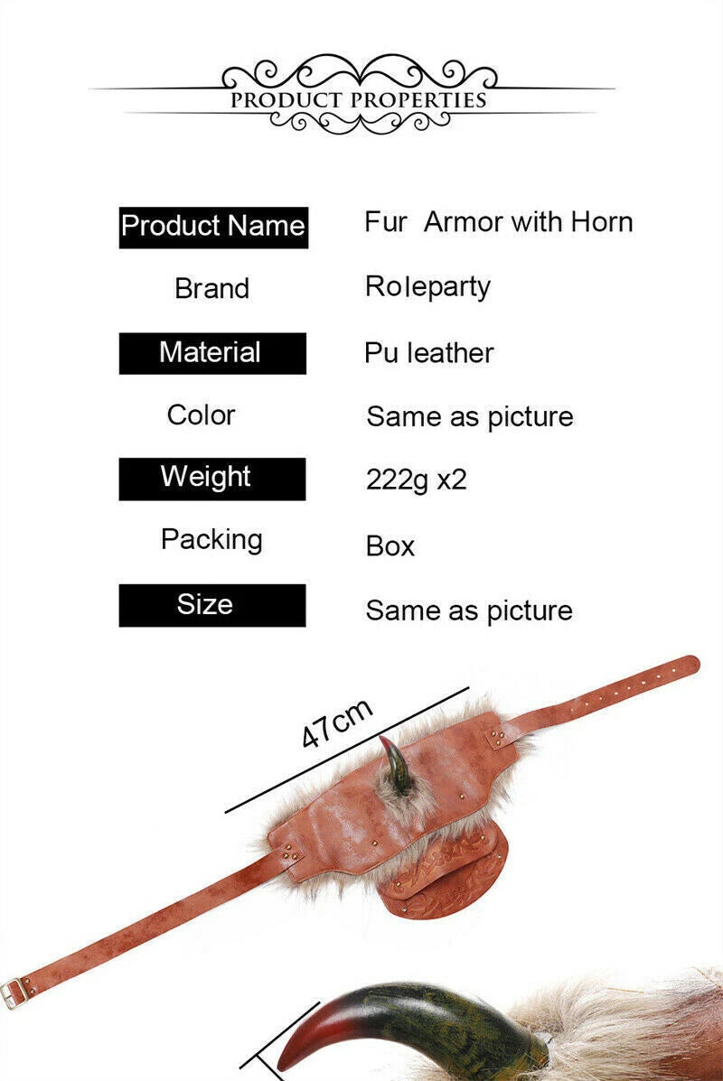 Men's Medieval Armor Shoulder Fur Viking PU Leather Armor w/Horn Halloween Prop 07FC0E-D4 - KOEEK
