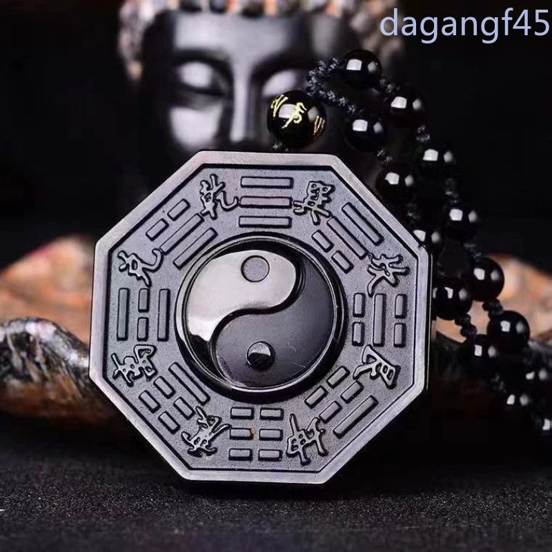 Chinese Obsidian Yin Yang Necklace Amulet Feng Shui Pendant Bead Chain 07FC0E-D4 - KOEEK