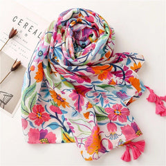 Womens Garden Floral Shawl Tassel Colorful Beach Vacation Pashmina Wrap Scarf 07FC0E-D4 - KOEEK