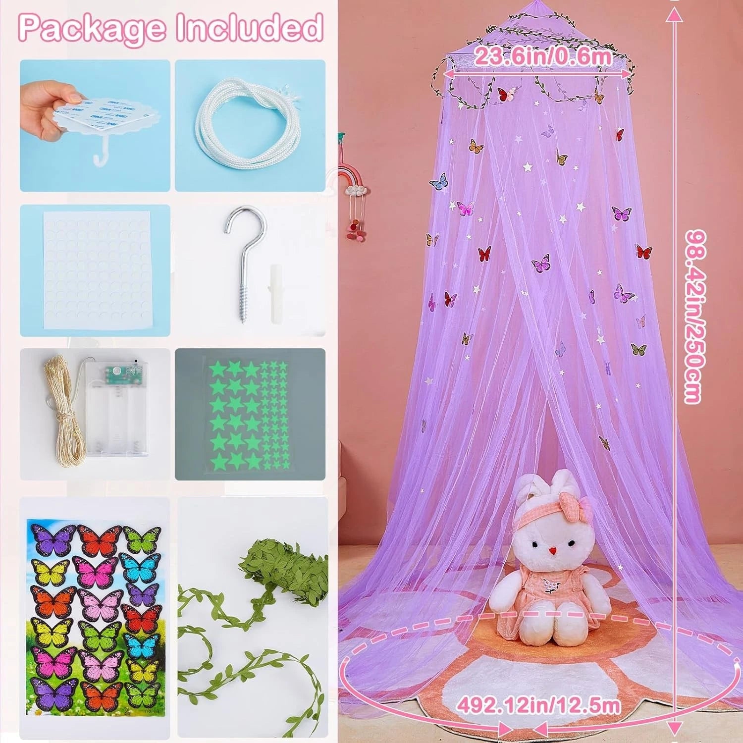 Bed Canopy for Girls Room Bed Canopy Curtains with Led Lights Mosquito Net DIY 07FC0E-D4 - KOEEK