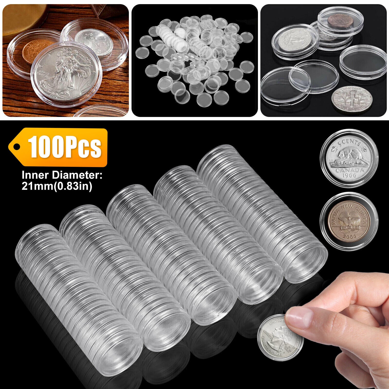 100 Pcs Clear Round Capsules Coin Box Storage Holder 21mm for US Nickle 5 Cents koeek - KOEEK