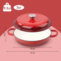 3-Quart Enameled Shallow Cast Iron Dutch Oven with Lid for All Stoves, Red 07FC0E-D4 - KOEEK