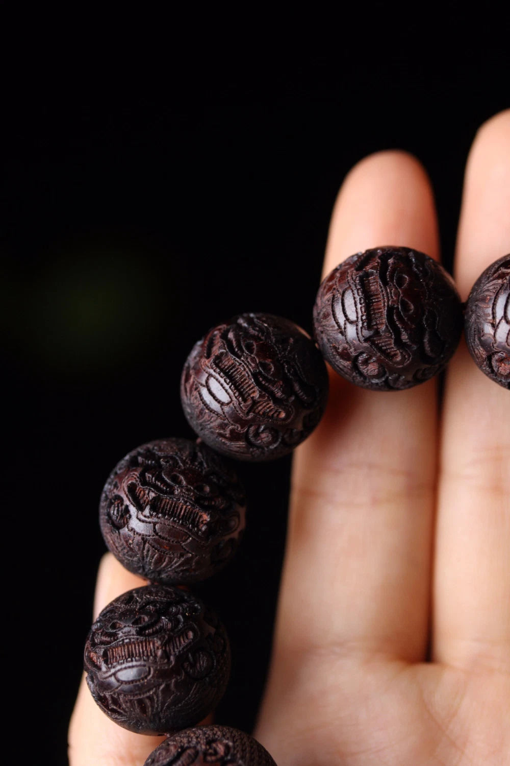 18mm Moonstone Pixiu Carved Beads Bracelet Rosewood Buddhist Prayer Jewelry 07FC0E-D4 - KOEEK