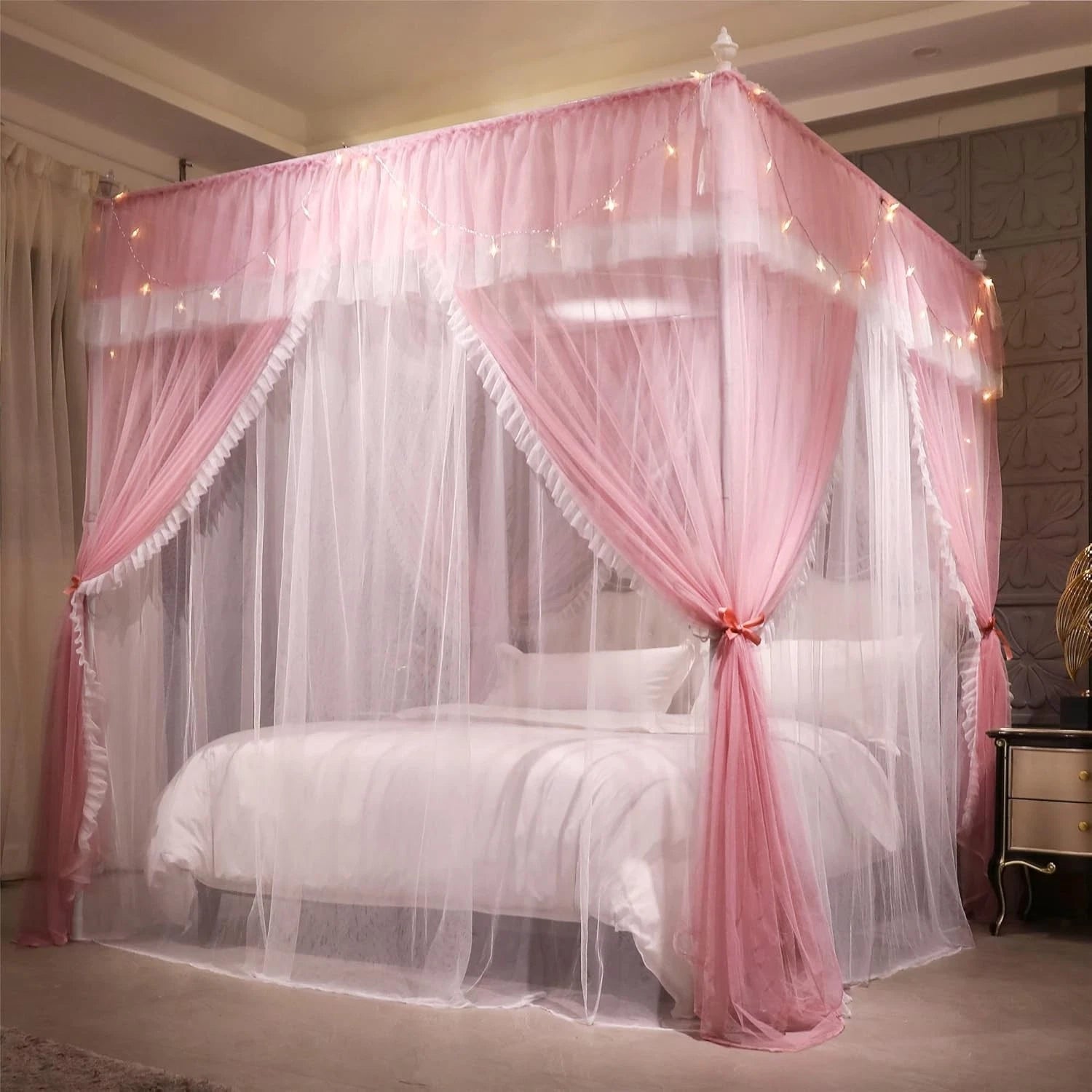 4 Corner Post Ruffle Princess Bed Canopy Curtain-Double Layer Cozy Drape Netting 07FC0E-D4 - KOEEK