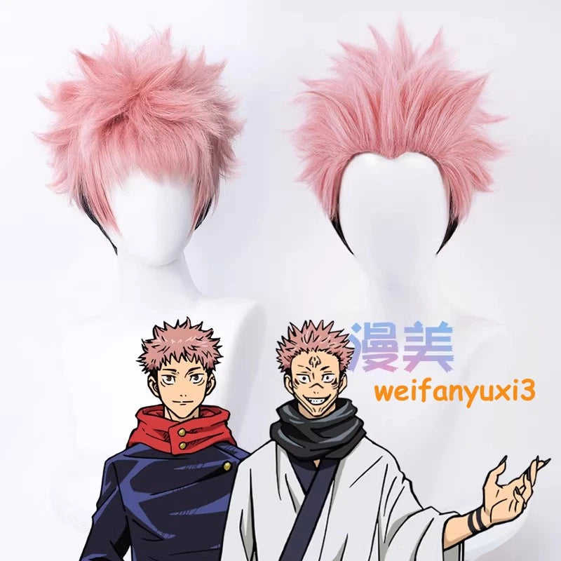 Anime Jujutsu Kaisen Itadori Yuji Cosplay Wig Men Pink+Black Short Hairpiece Wig 07FC0E-D4 - KOEEK
