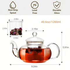 1200ml Glass Teapot with Removable Infuser,Stovetop Safe Tea Kettle,Blooming 07FC0E-D4 - KOEEK