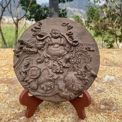 Agarwood Round Plaque Fu Lu Decor with Base 18cm 07FC0E-D4 - KOEEK