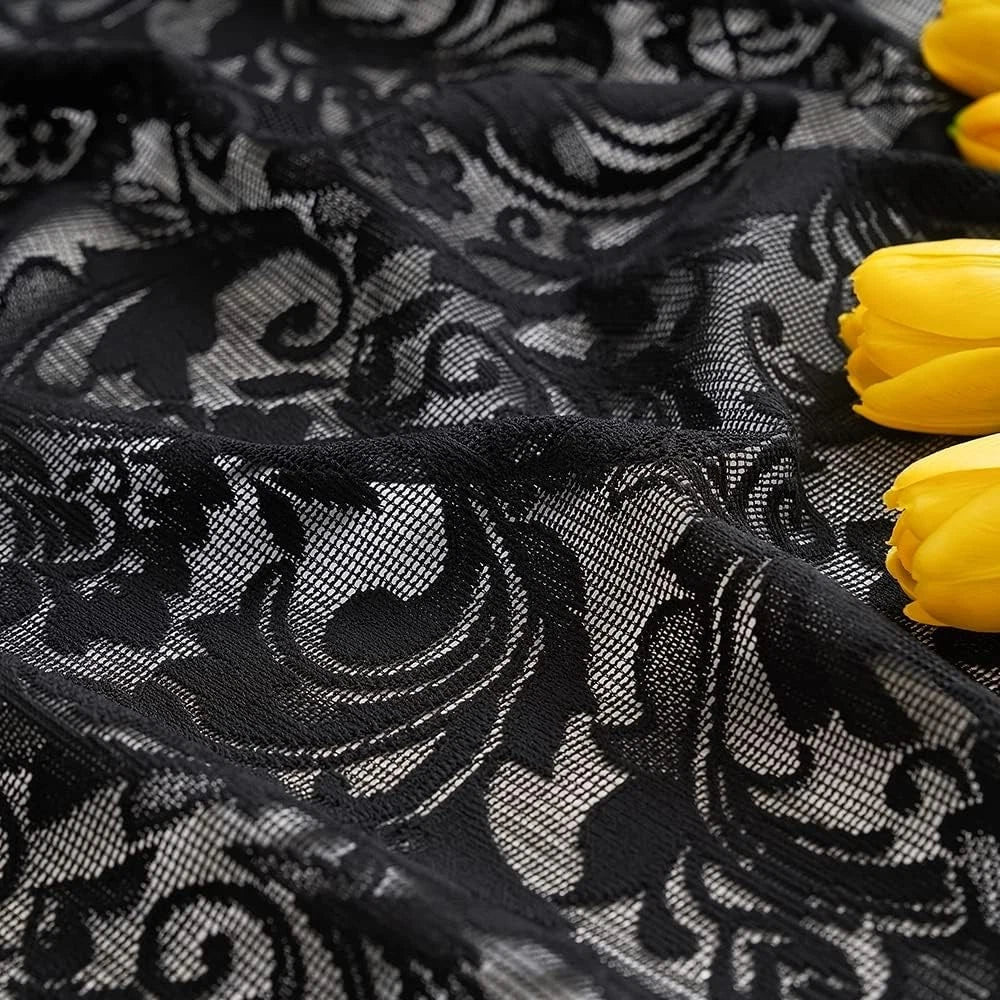 Black lace curtains, 24 inches long,2 pieces, dimensions:52 inches × 24 inches. 07FC0E-D4 - KOEEK
