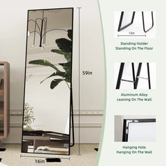 59"x16" Tall Full Length Mirror with Stand, Black Wall Mounting Full Body Mirror 07FC0E-D4 - KOEEK