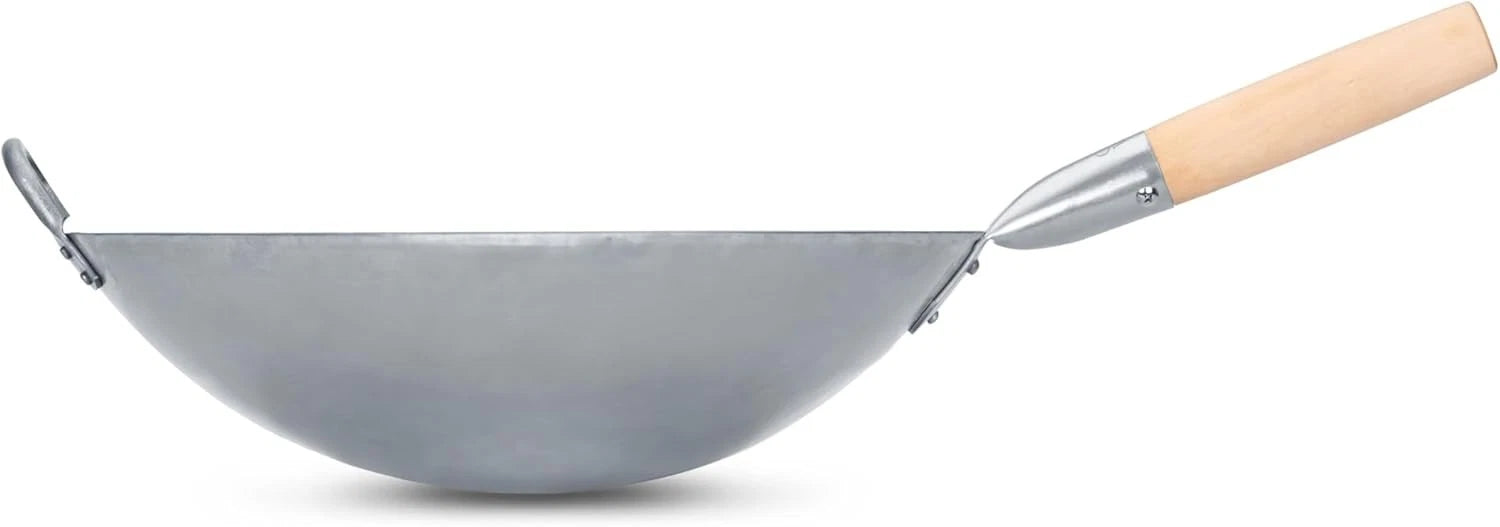 Traditional Hand Hammered Chinese Carbon Steel Wok with Wooden 07FC0E-D4 - KOEEK