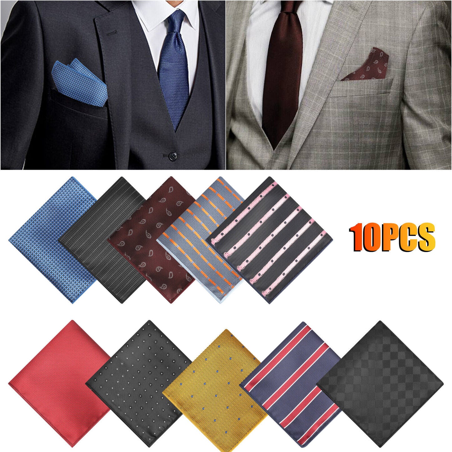 10pcs Men's Pocket Squares Handkerchiefs Soft Assorted Colorful Business Hankies