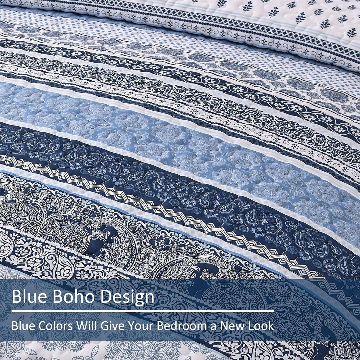 Bohemian Style Quilt Set (Queen Size) Navy Blue Bohemian Style 3-Piece Quilt Set 07FC0E-D4 - KOEEK