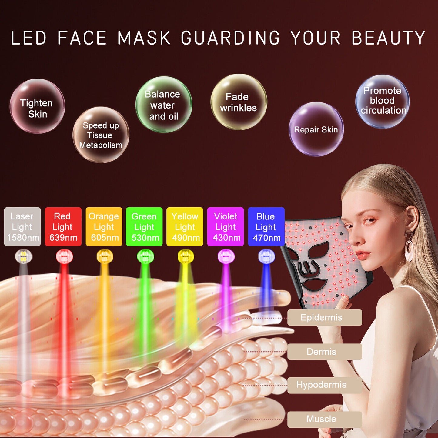 ny 7Colors Face LED Mask Red Light Therapy Lysterapimaske for ansiktshudpleie