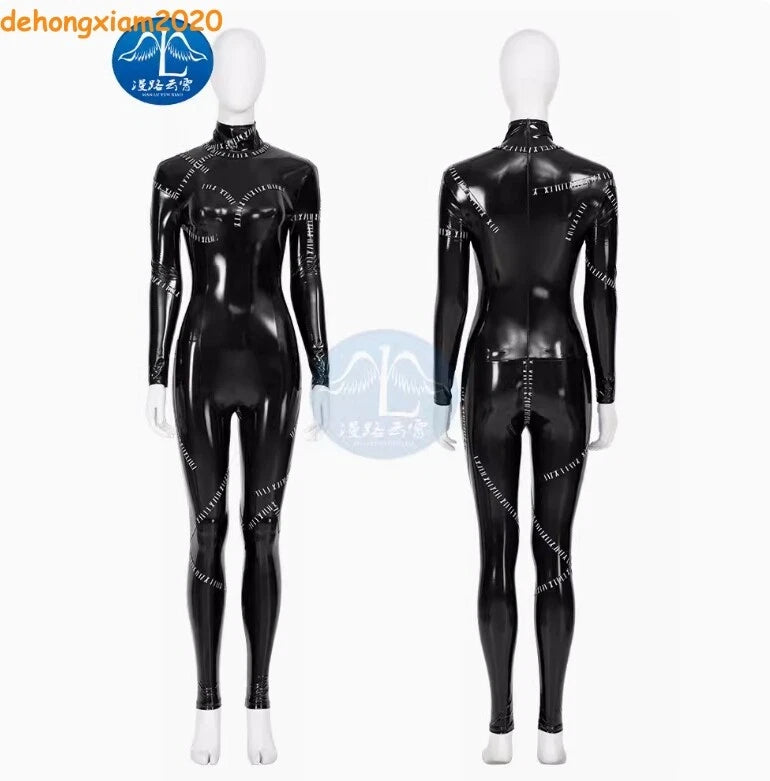 Women Fullbody Black Catwoman PU Costume Cloth Mask Whip Zipper Patch Halloween 07FC0E-D4 - KOEEK