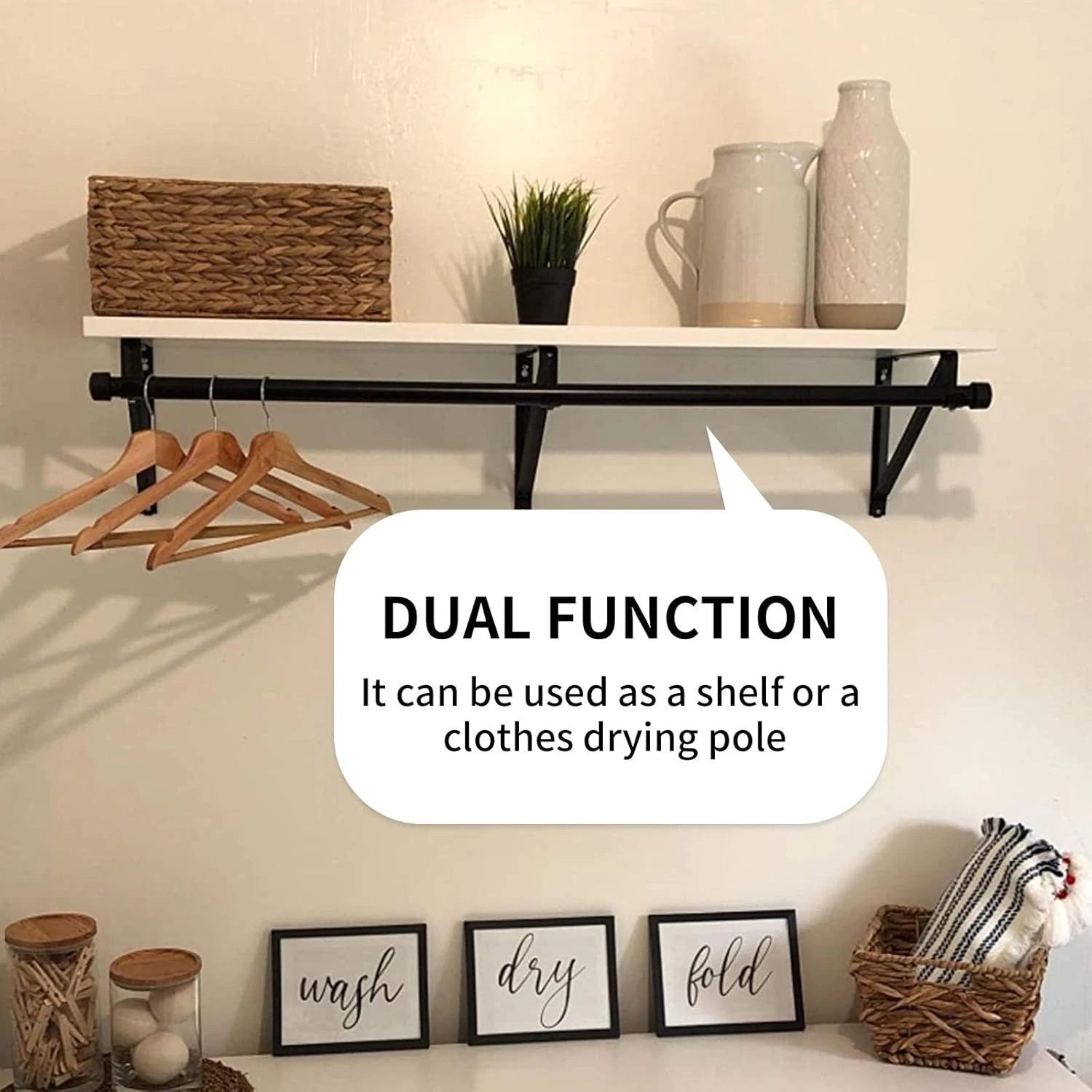 2-piece heavy-duty wardrobe shelf and clothes rail bracket, black steel 07FC0E-D4 - KOEEK