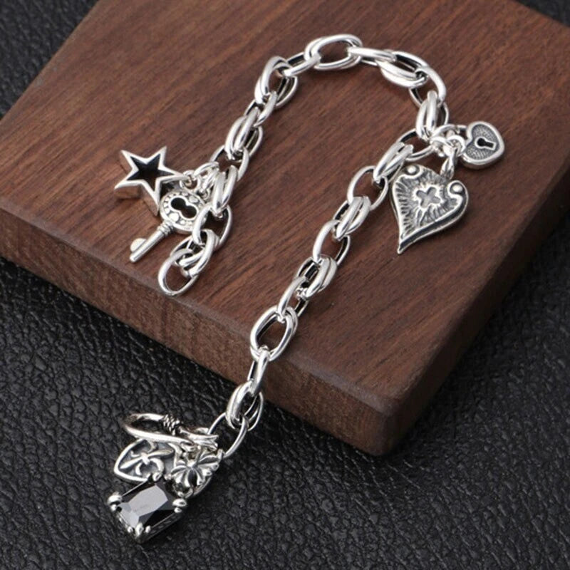 925 Sterling Silver Thick Chain Pendant Charm Bracelet Retro Unique Party Bangle 07FC0E-D4 - KOEEK