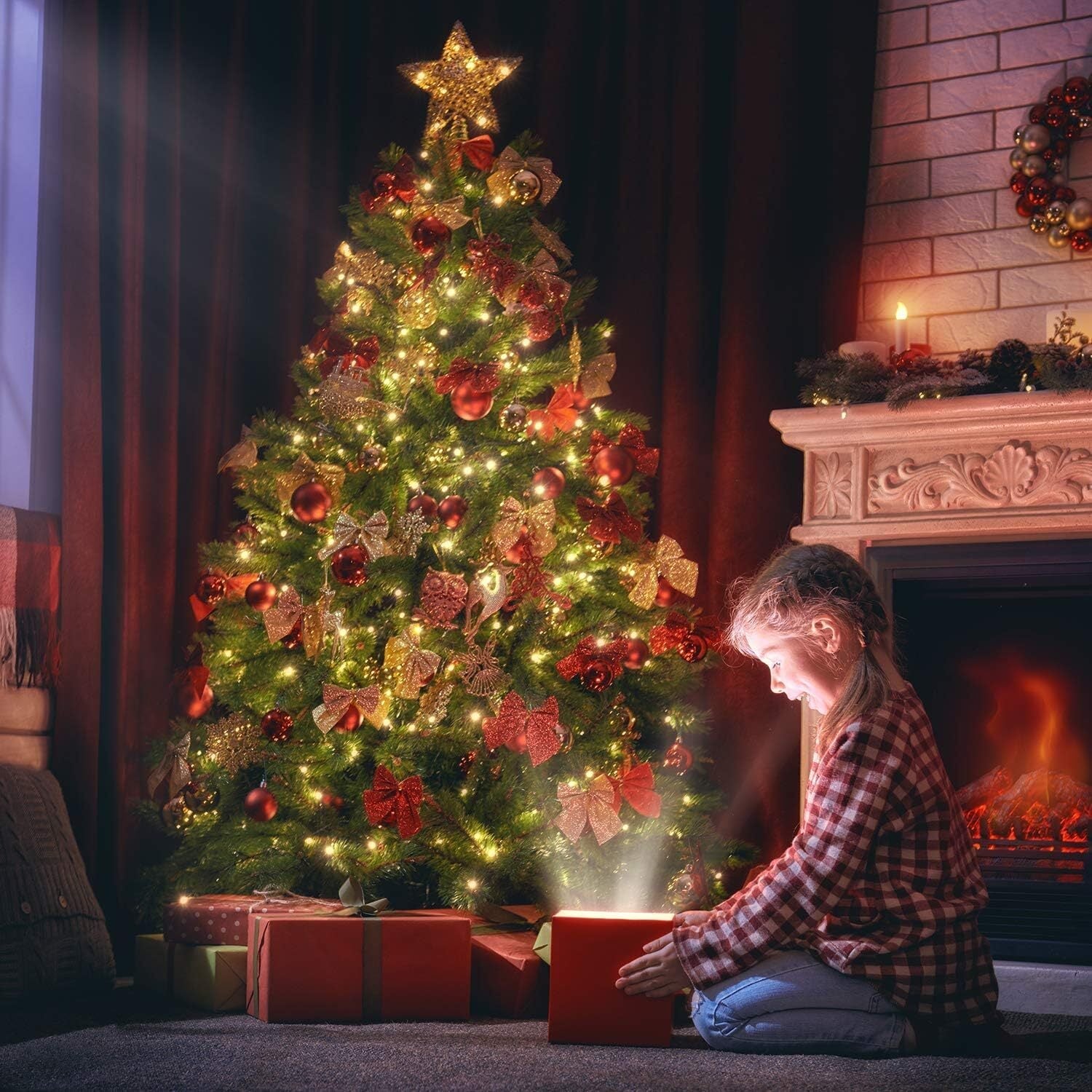 6FT Christmas Tree Artificial Tree Holiday Decor With LED Lights & Metal Stand 07FC0E-D4 - KOEEK