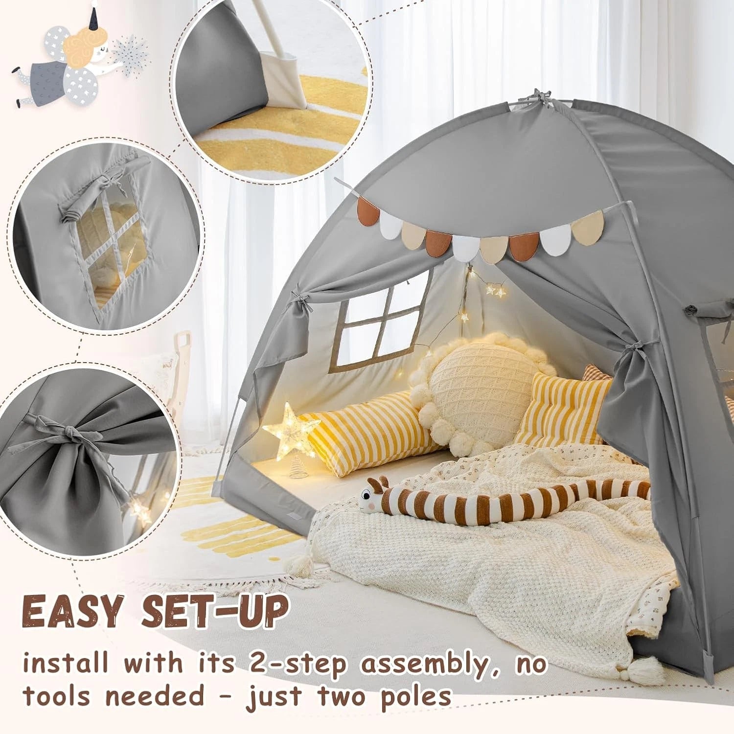 Bed Tent Bed Canopy Bunk Twin Size for Kids, Kids Tent Floor Indoor Privacy 07FC0E-D4 - KOEEK