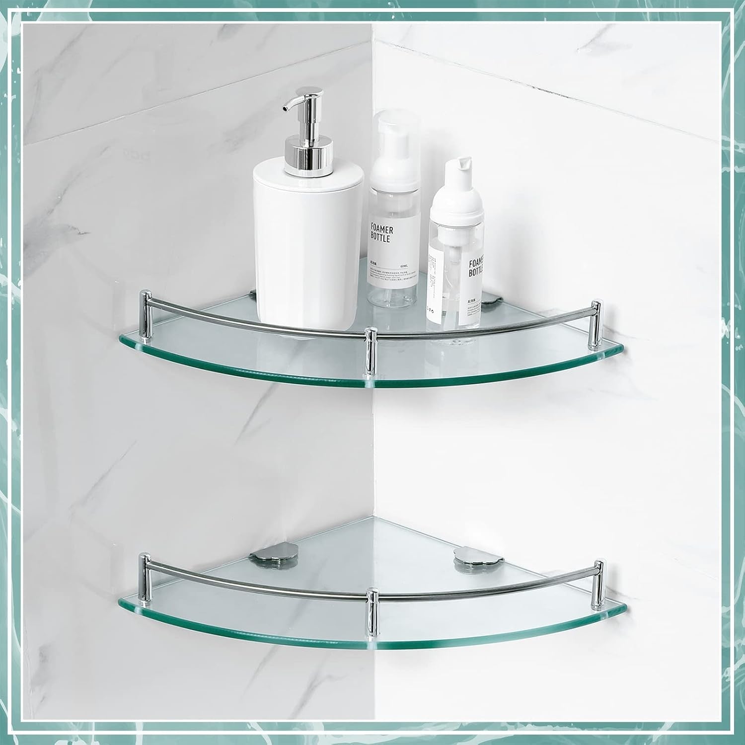 new 2 Pcs Corner Shower Shelf 2-Tier Glass about 9.25 inches, Silver