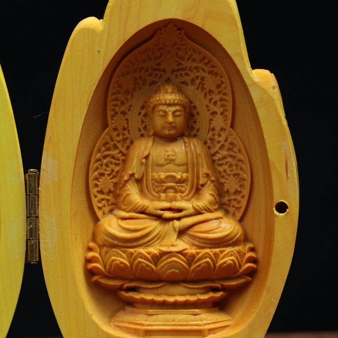 Boxwood Carved Guanyin Guardian Figurine Wooden Handheld Buddha Statue 07FC0E-D4 - KOEEK
