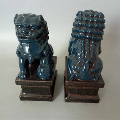 Chinese Old Pair Blue Glazed Porcelain Foo Dogs Statues Action Figure Collection 07FC0E-D4 - KOEEK