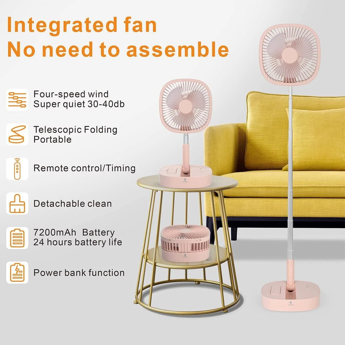 Foldable Desk Fan,Rechargeable Battery,Remote Control Retractable 4 Speed Silent 07FC0E-D4 - KOEEK