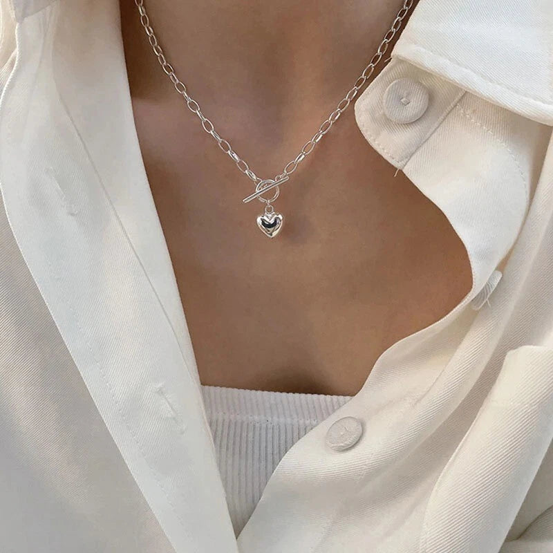 925 Sterling Silver Vintage Cable Chain Heart Pendant Trendy Stylish Necklace 07FC0E-D4 - KOEEK
