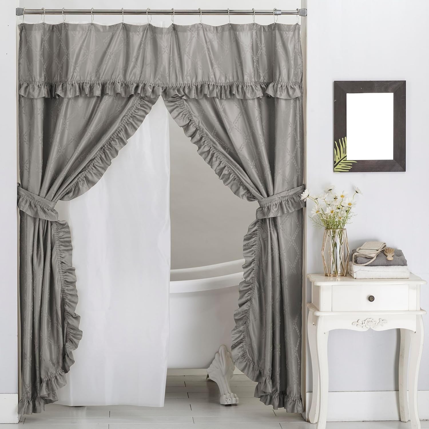 new Double Swag Ruffled Fabric Shower Curtain Set, 70"W x 72"L (Pack of 1), Grey 07FC0E-D4 - KOEEK