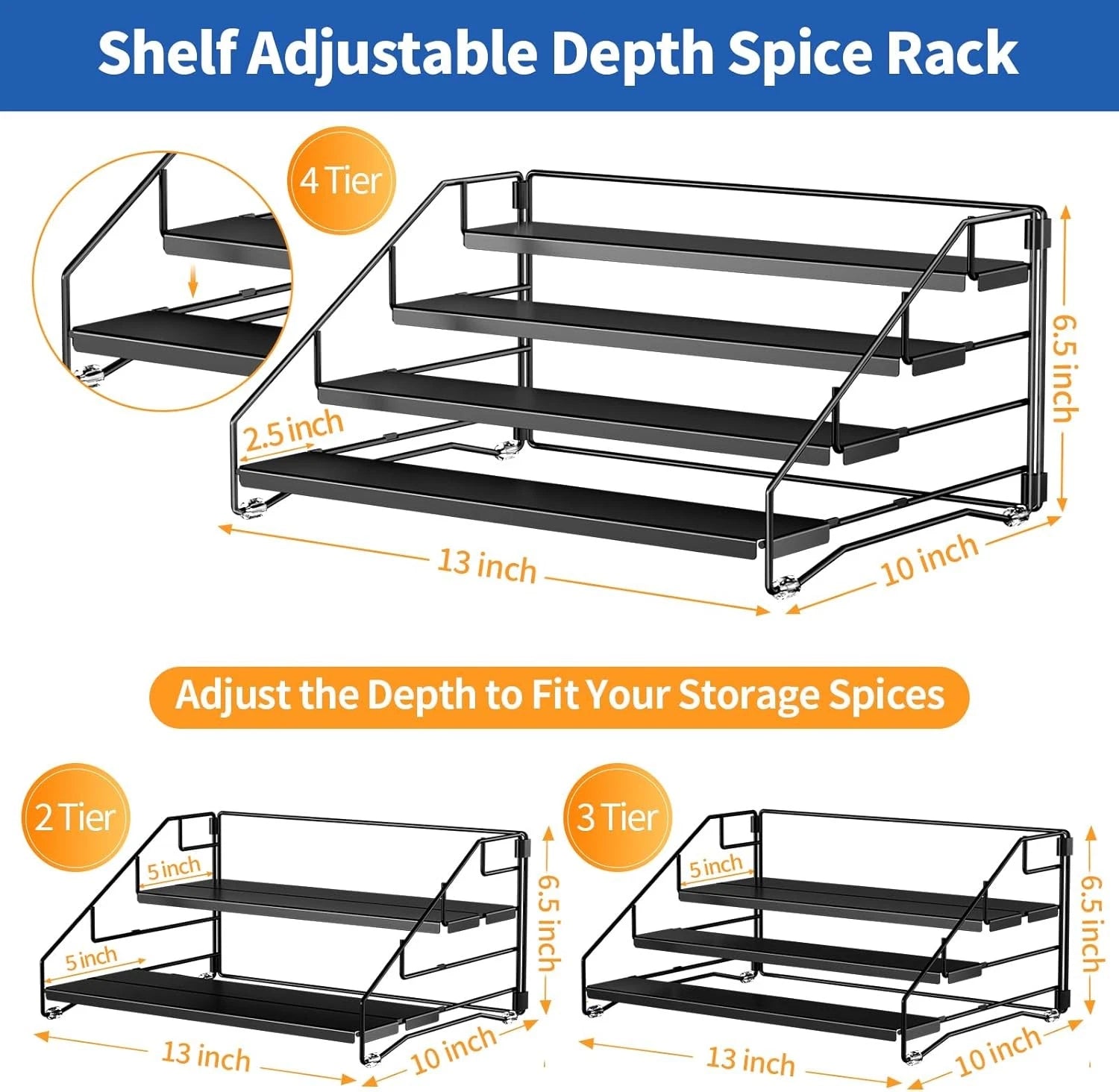4 Tier Spice Rack Organzier, Spice Rack for Cabinet, Adjustable Depth Seasoning 07FC0E-D4 - KOEEK