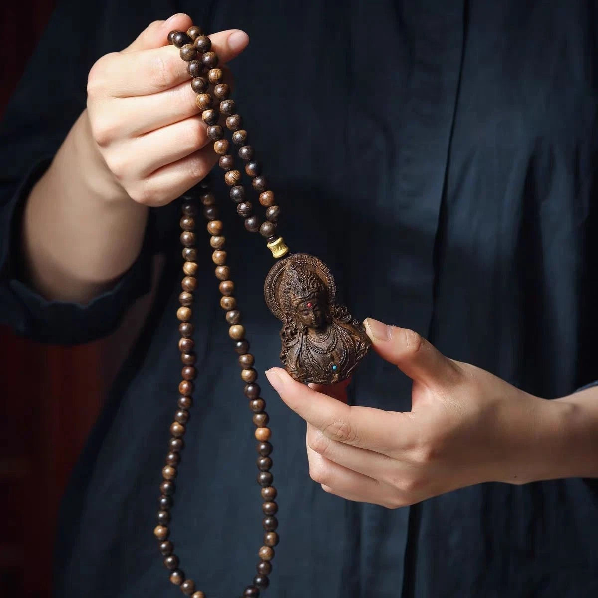 Nha Trang Agarwood Guanyin Pendant Necklace Natural Wood Sweater Chain Charm 07FC0E-D4 - KOEEK