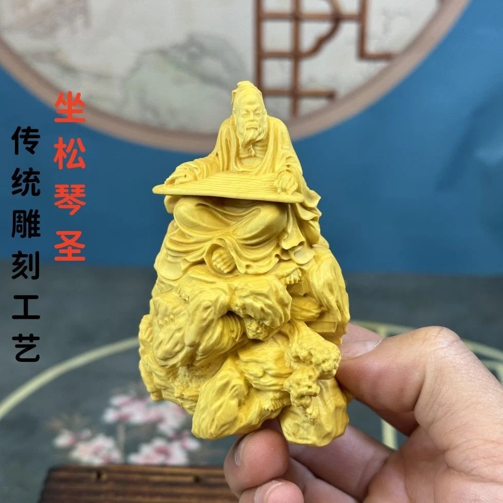 Boxwood Carved Saint of Music Bi Ya Figurine Home Décor Chinese Style Handicraft 07FC0E-D4 - KOEEK