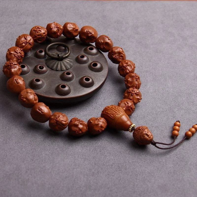 12mm Natural Walnut Handcarved Eighteen Arhat Hand String Amulet Bracelet 07FC0E-D4 - KOEEK