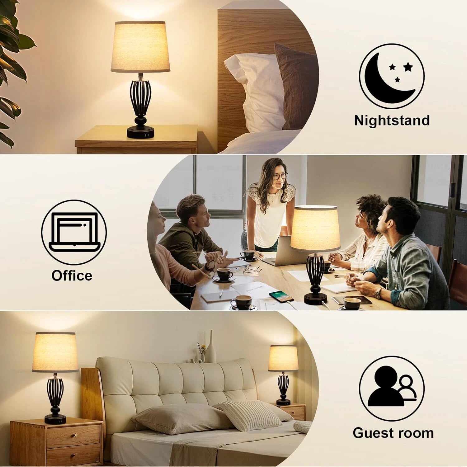 USB Bedside Lamp, 3-Way Dimmable Touch Table Lamp, Black Metal Base 07FC0E-D4 - KOEEK