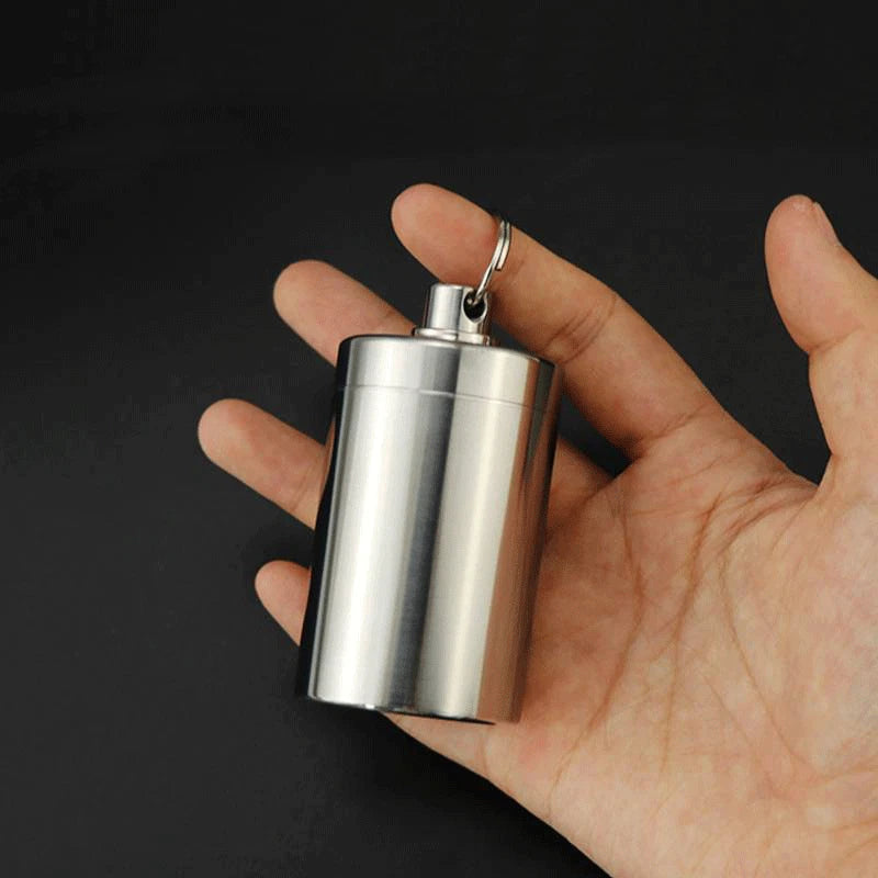 Stainless Steel Waterproof Tank EDC Survival Seal Container Pill Box Keychain 07FC0E-D4 - KOEEK