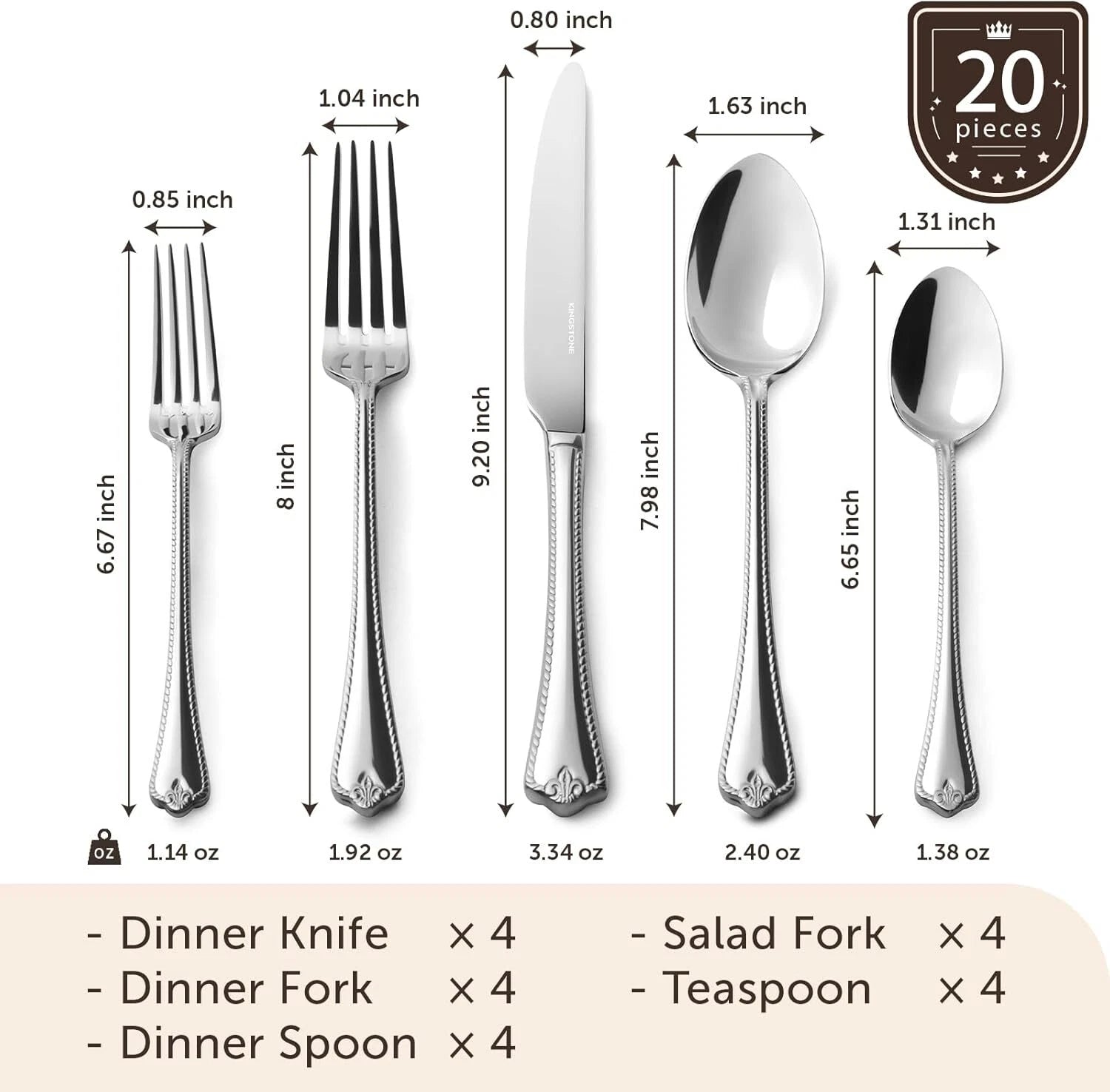 Silverware Set, 20-piece 18/10 Stainless Steel Flatware Set Cutlery Set for 4 07FC0E-D4 - KOEEK