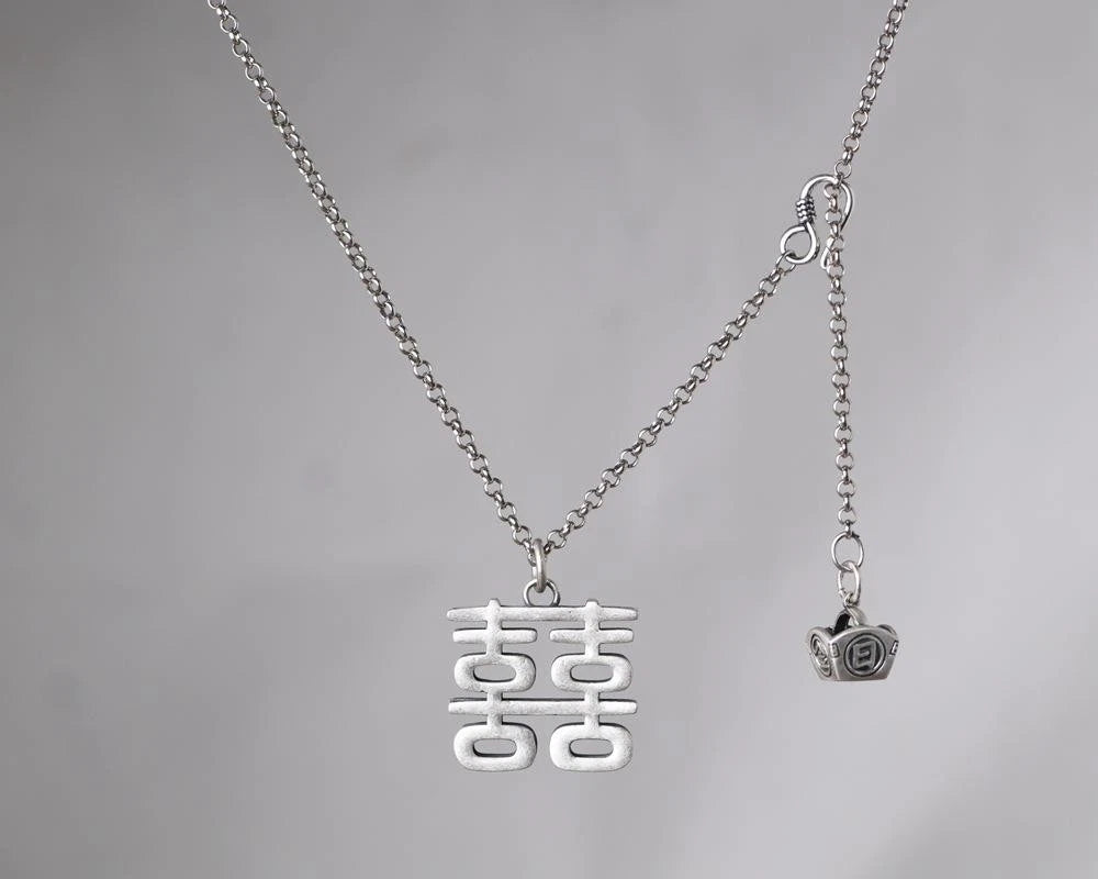 "Xi" Pendant Necklace Double Happiness Long Sweater Chain Silver Plated Vintage 07FC0E-D4 - KOEEK